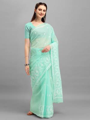 Shree Suchitra Sea green designer traditional styled cotton embroidered saree with blouse piece set 1