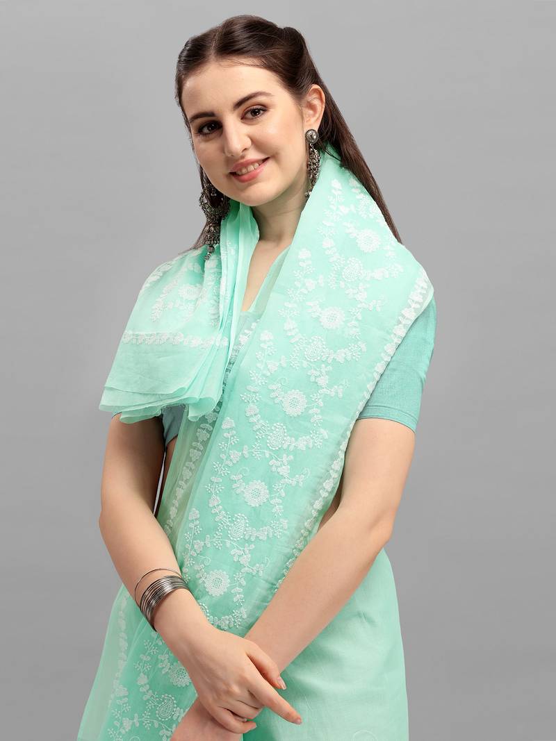 Shree Suchitra Sea green designer traditional styled cotton embroidered saree with blouse piece set