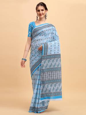 Shree Suchitra Blue designer  cotton printed  saree & blouse piece set 1
