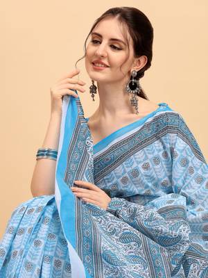 Shree Suchitra Blue designer  cotton printed  saree & blouse piece set 2