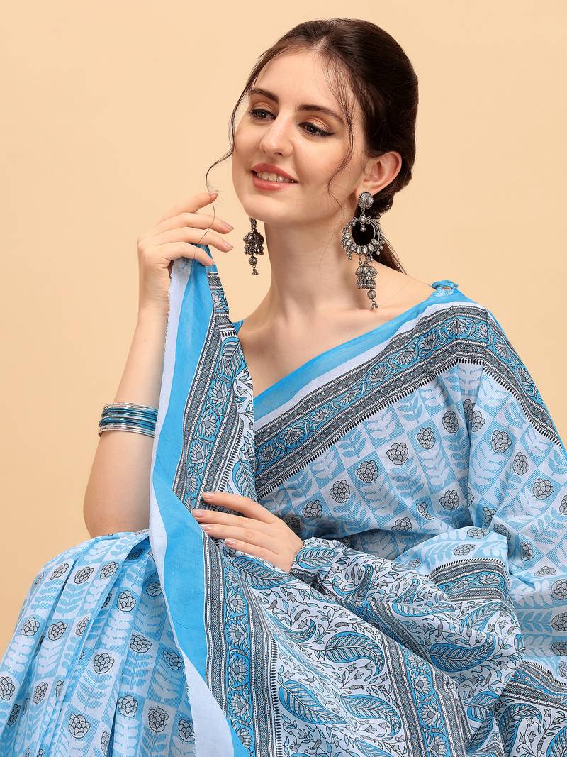 Shree Suchitra Blue designer  cotton printed  saree & blouse piece set