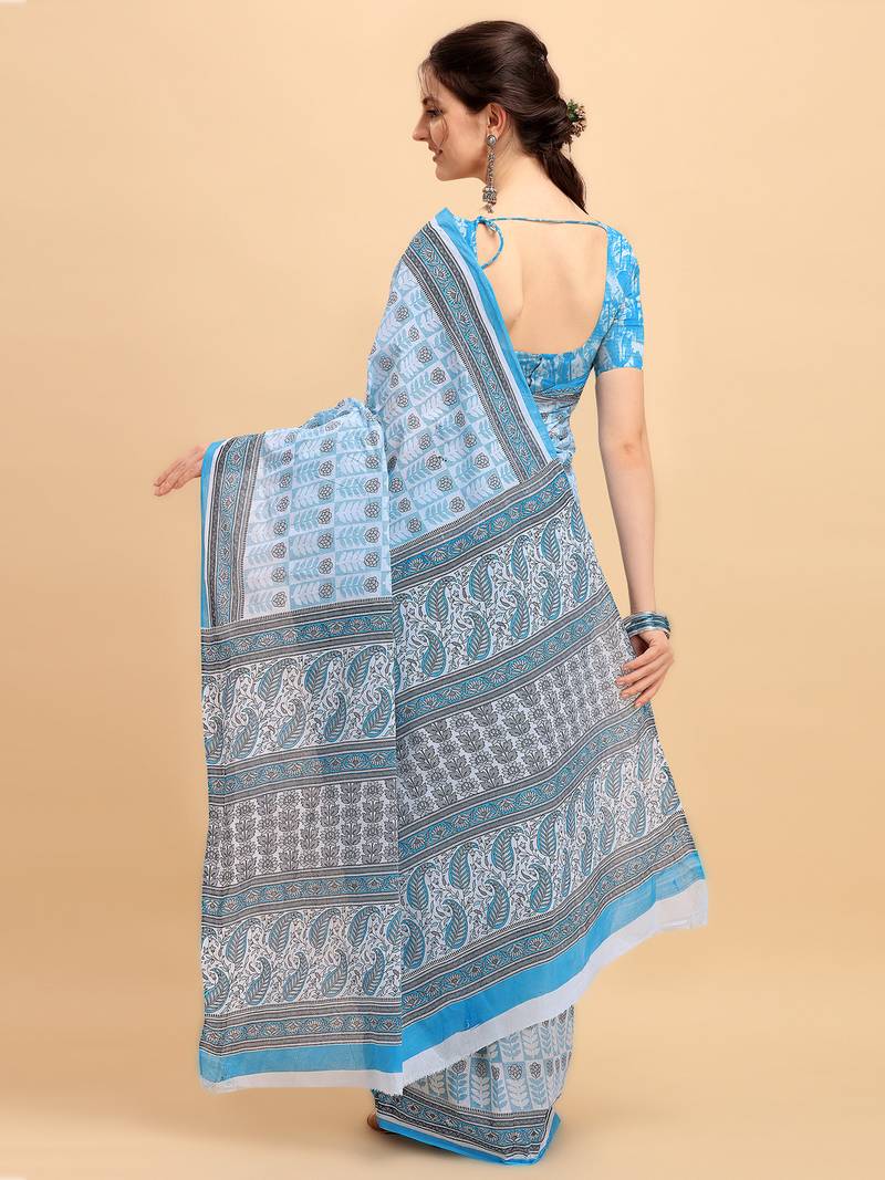 Shree Suchitra Blue designer  cotton printed  saree & blouse piece set