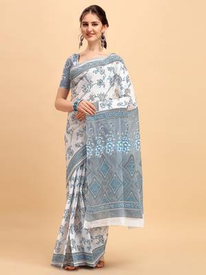 Shree Suchitra Grey designer  cotton printed  saree & blouse piece set 1