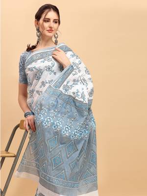 Shree Suchitra Grey designer  cotton printed  saree & blouse piece set 2