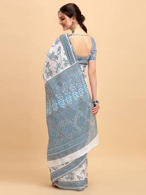 Shree Suchitra Grey designer  cotton printed  saree & blouse piece set 3