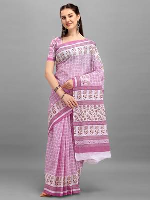 Shree Suchitra Purple designer  cotton printed  saree & blouse piece set 1