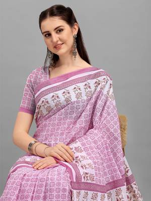 Shree Suchitra Purple designer  cotton printed  saree & blouse piece set 2