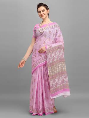 Shree Suchitra designer Purple cotton printed  saree & blouse piece set 1