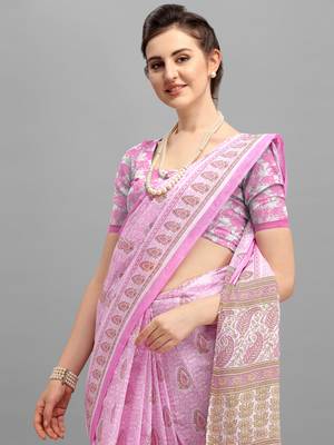 Shree Suchitra designer Purple cotton printed  saree & blouse piece set 2