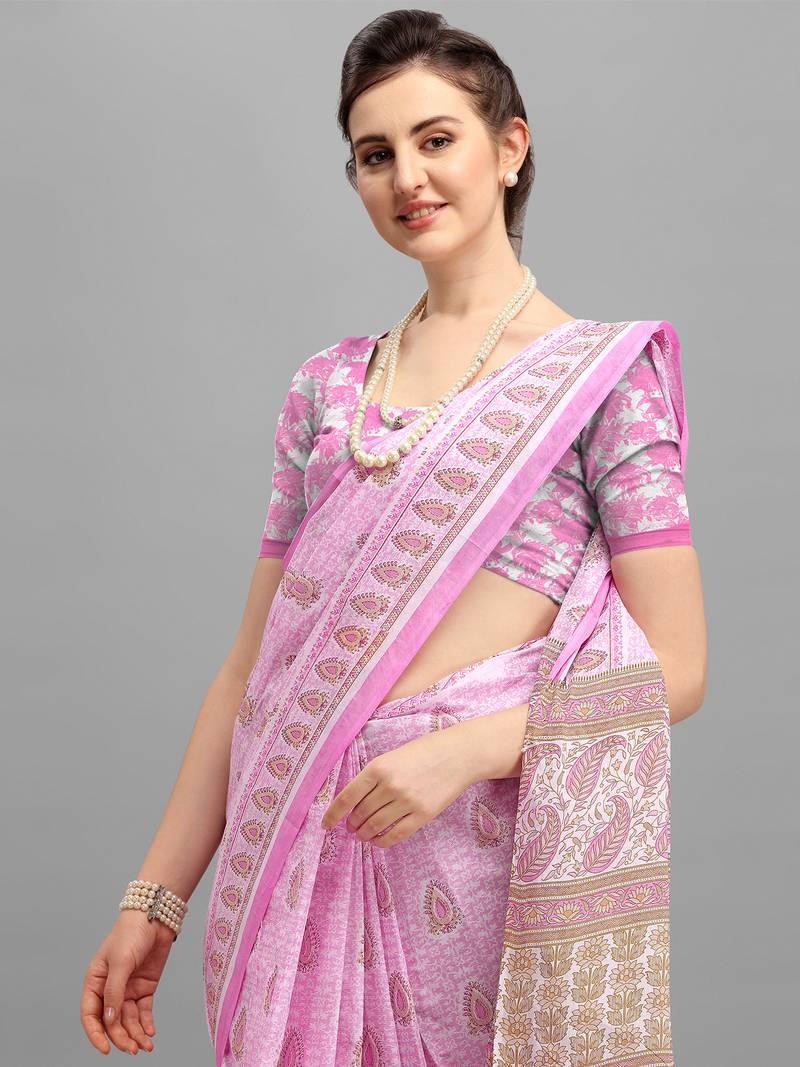 Shree Suchitra designer Purple cotton printed  saree & blouse piece set