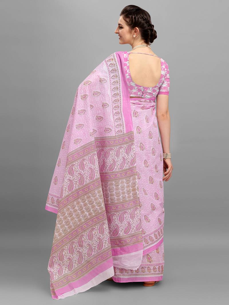 Shree Suchitra designer Purple cotton printed  saree & blouse piece set