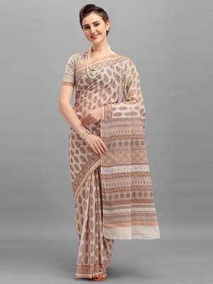 Shree Suchitra Brown designer  cotton printed  saree & blouse piece set 1
