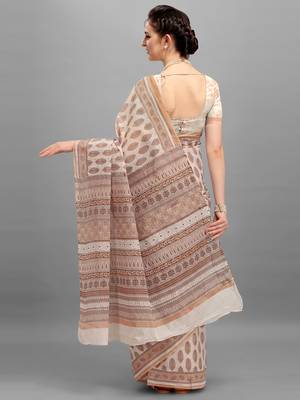 Shree Suchitra Brown designer  cotton printed  saree & blouse piece set 3