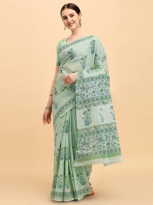 Shree Suchitra Green designer  cotton printed  saree & blouse piece set 1
