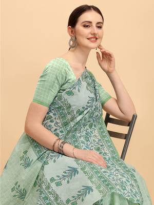 Shree Suchitra Green designer  cotton printed  saree & blouse piece set 2
