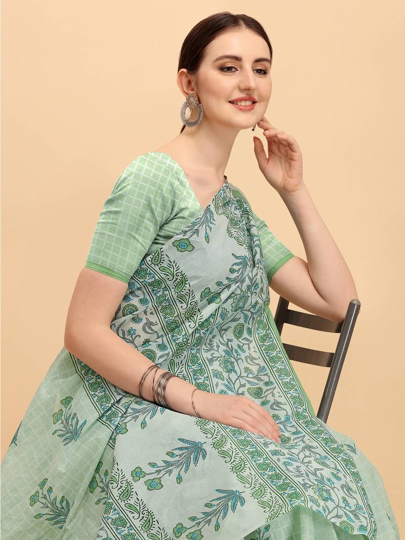 Shree Suchitra Green designer  cotton printed  saree & blouse piece set
