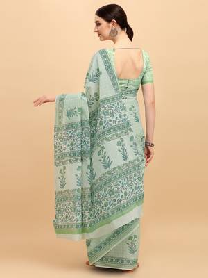 Shree Suchitra Green designer  cotton printed  saree & blouse piece set 3