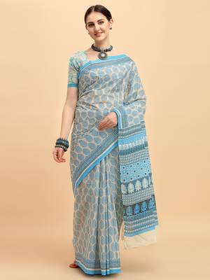 Shree Suchitra Blue designer  cotton printed  saree & blouse piece set 1