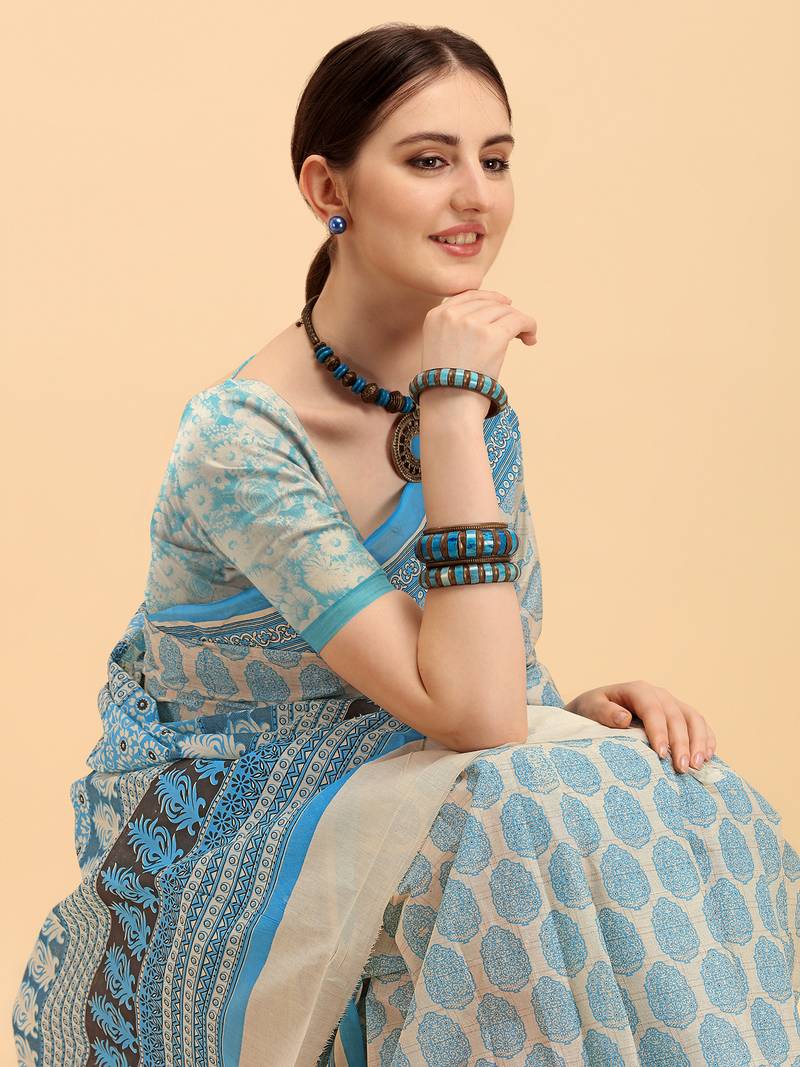 Shree Suchitra Blue designer  cotton printed  saree & blouse piece set