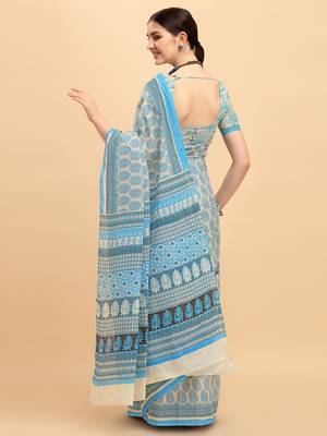 Shree Suchitra Blue designer  cotton printed  saree & blouse piece set 3