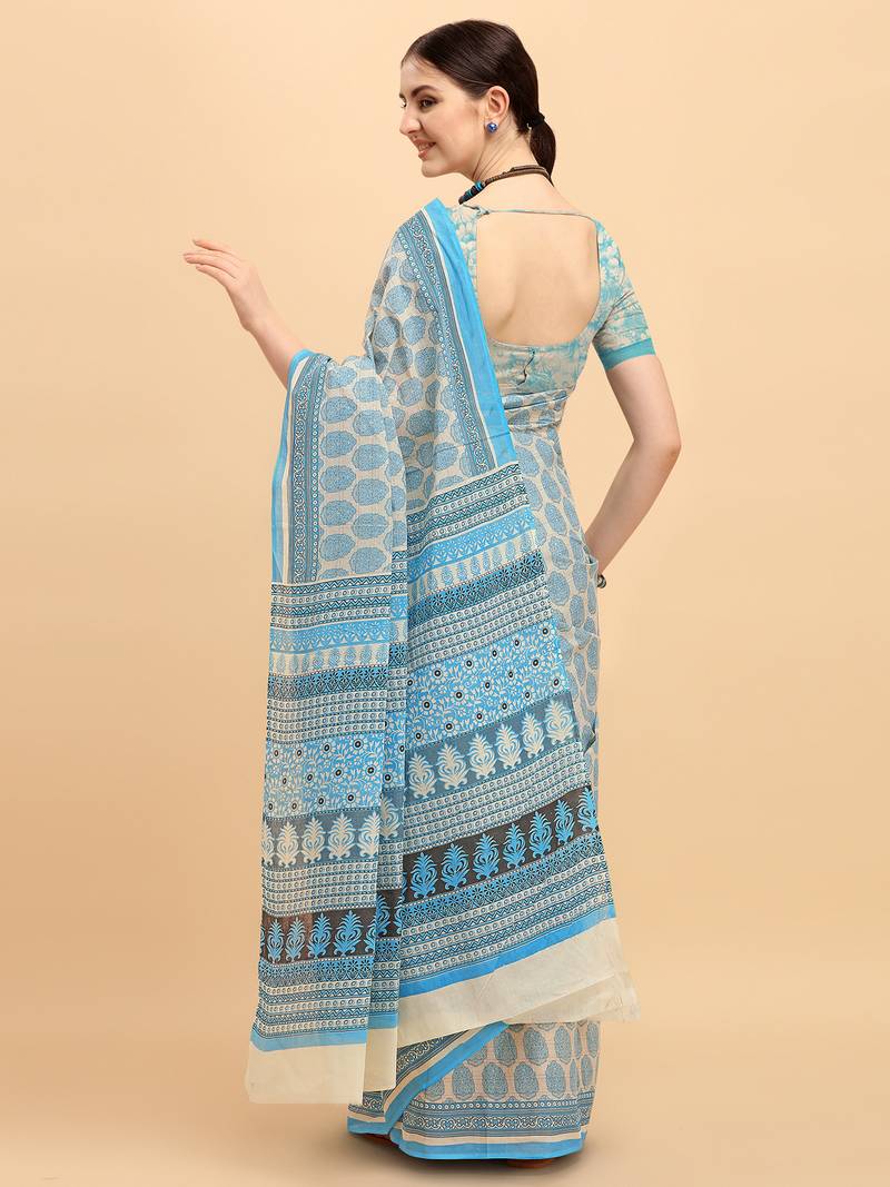Shree Suchitra Blue designer  cotton printed  saree & blouse piece set