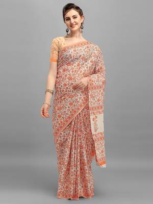 Shree Suchitra Orange designer  cotton printed  saree & blouse piece set 1