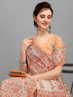 Shree Suchitra Orange designer  cotton printed  saree & blouse piece set 2