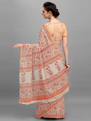 Shree Suchitra Orange designer  cotton printed  saree & blouse piece set 3
