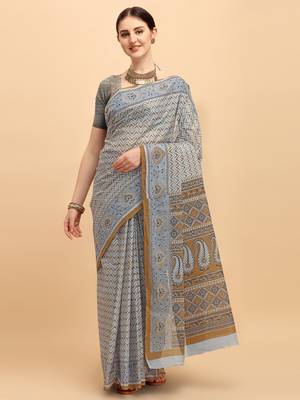 Shree Suchitra coffee designer  cotton printed  saree & blouse piece set 1