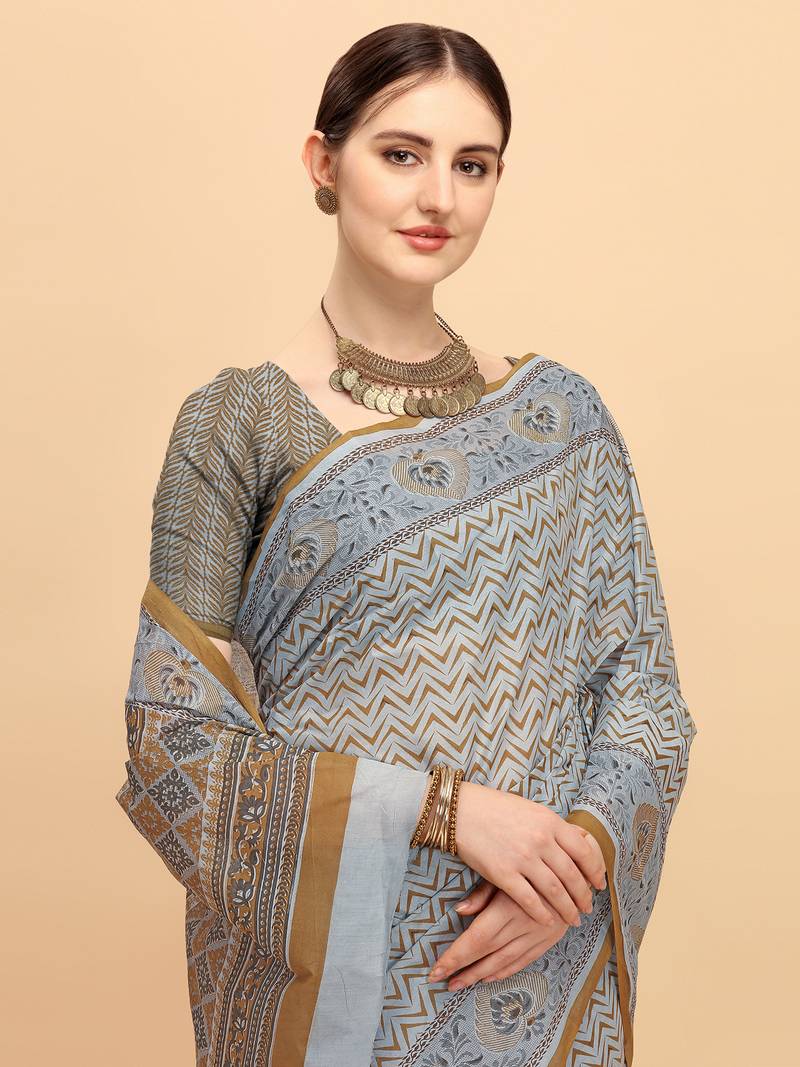 Shree Suchitra coffee designer  cotton printed  saree & blouse piece set