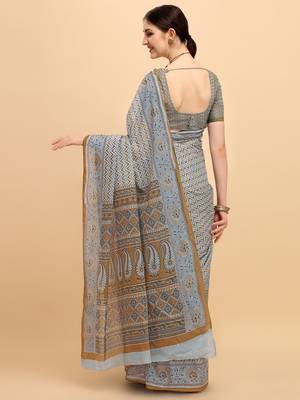 Shree Suchitra coffee designer  cotton printed  saree & blouse piece set 3
