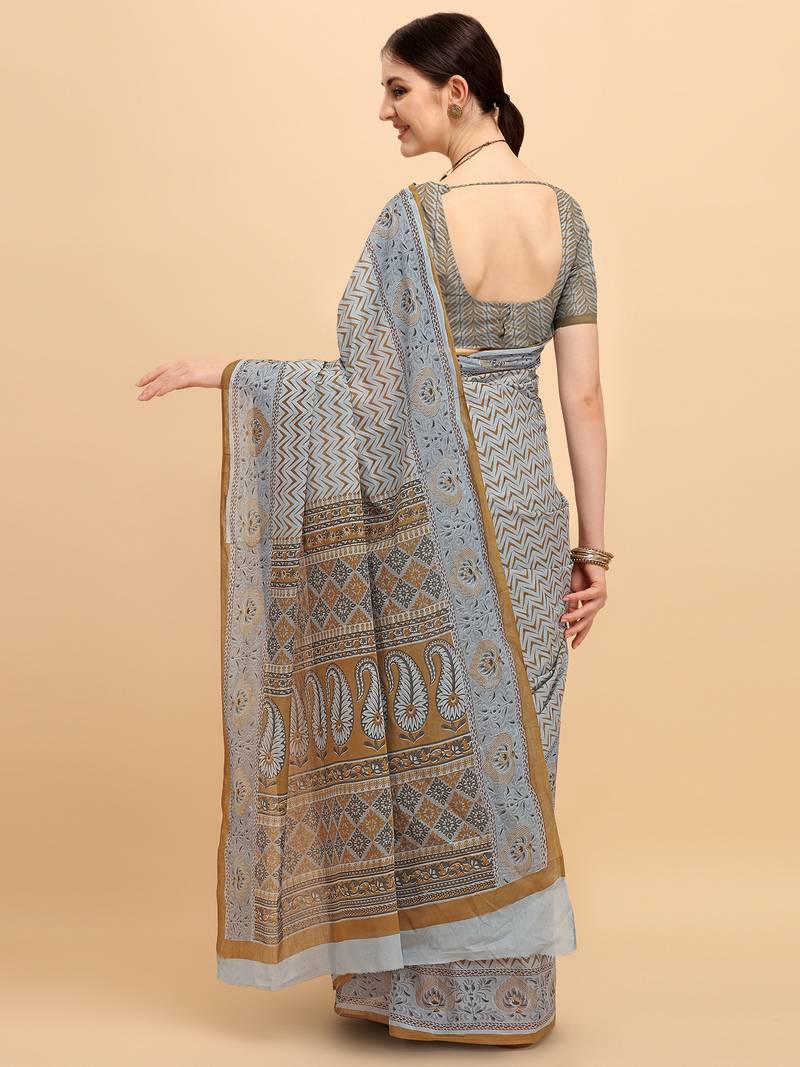 Shree Suchitra coffee designer  cotton printed  saree & blouse piece set