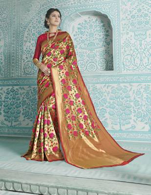 Gold woven banarasi silk saree with blouse 1