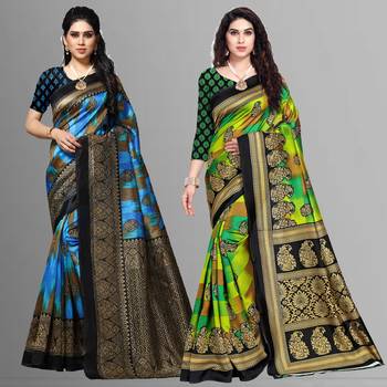 multicolor printed art silk saree with blouse combo pack of 2 saree 1