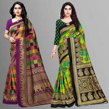 multicolor printed art silk saree with blouse combo pack of 2 saree 1