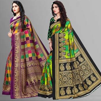 multicolor printed art silk saree with blouse combo pack of 2 saree 2