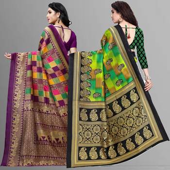 multicolor printed art silk saree with blouse combo pack of 2 saree 3