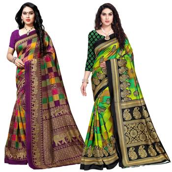 multicolor printed art silk saree with blouse combo pack of 2 saree 1