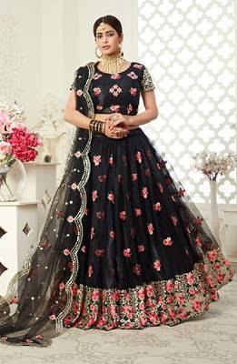 Black embroidered art silk semi stitched lehenga 1
