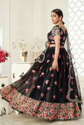 Black embroidered art silk semi stitched lehenga 2