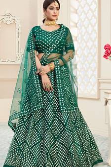 Green embroidered art silk semi stitched lehenga