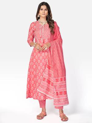 Women's Printed & Handwork Anarkali Cotton Pink Kurta With Pant & Dupatta 1