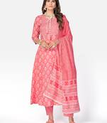 Women's Printed & Handwork Anarkali Cotton Pink Kurta With Pant & Dupatta