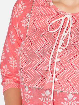Women's Printed & Handwork Anarkali Cotton Pink Kurta With Pant & Dupatta 5