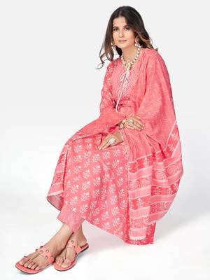 Women's Printed & Handwork Anarkali Cotton Pink Kurta With Pant & Dupatta 8