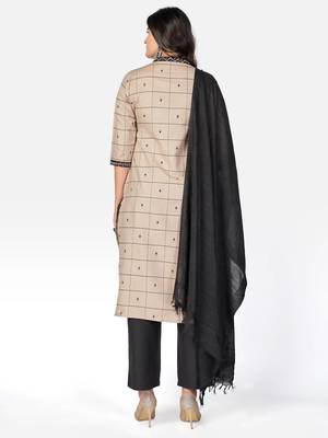 Women's Checked Print & Embroidered Straight Cotton Beige Kurta With Pant & Dupatta 2