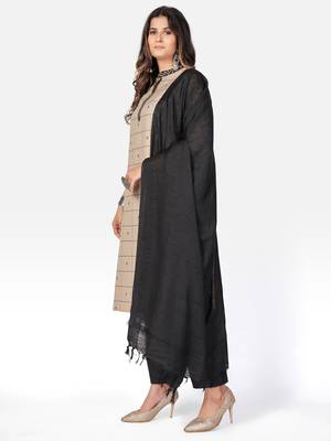 Women's Checked Print & Embroidered Straight Cotton Beige Kurta With Pant & Dupatta 3