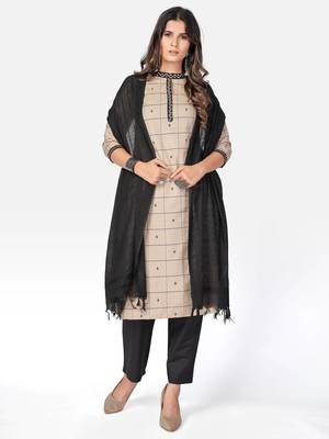 Women's Checked Print & Embroidered Straight Cotton Beige Kurta With Pant & Dupatta 8