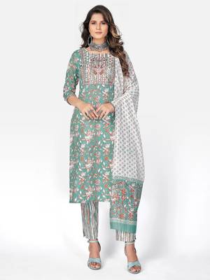 Women's Embroidered & Mirror Work Straight Cotton Sea Green Kurta With Pant & Dupatta 1