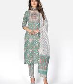Women's Embroidered & Mirror Work Straight Cotton Sea Green Kurta With Pant & Dupatta
